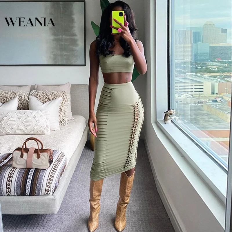 

Women's Sexy Hollow Out Crop Tank& Skirt Suit