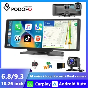Автомобильный зеркальный видеорегистратор Podofo, 10,26 дюйма, беспроводной автомобильный монитор Carplay на платформе Android, Автомобильный видеорегистратор, автомобильный мультимедийный плеер