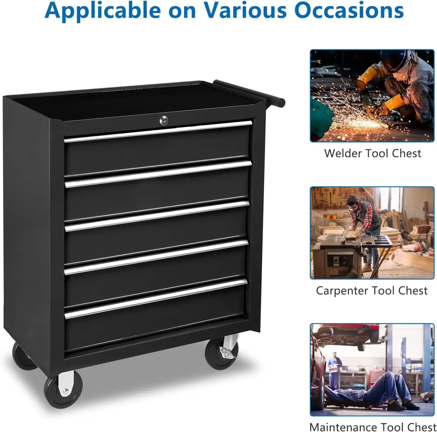 Drawer Rolling Tool Chest w/Lock & Key, Tool Storage Cabinet with Wheels, Top Cushion & Drawer Liners, Organizer Box for Ga