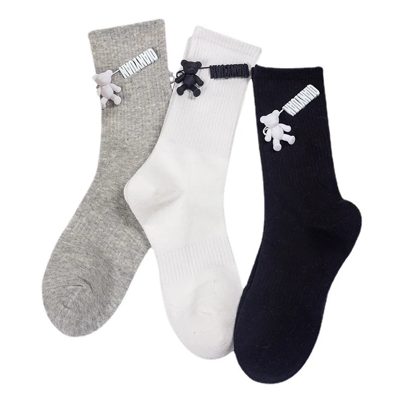 Black and White Pure Color Tube Socks Female Pin Bear Lovely Personality Tide Socks INS Korean Students Long Tube Cotton Socks