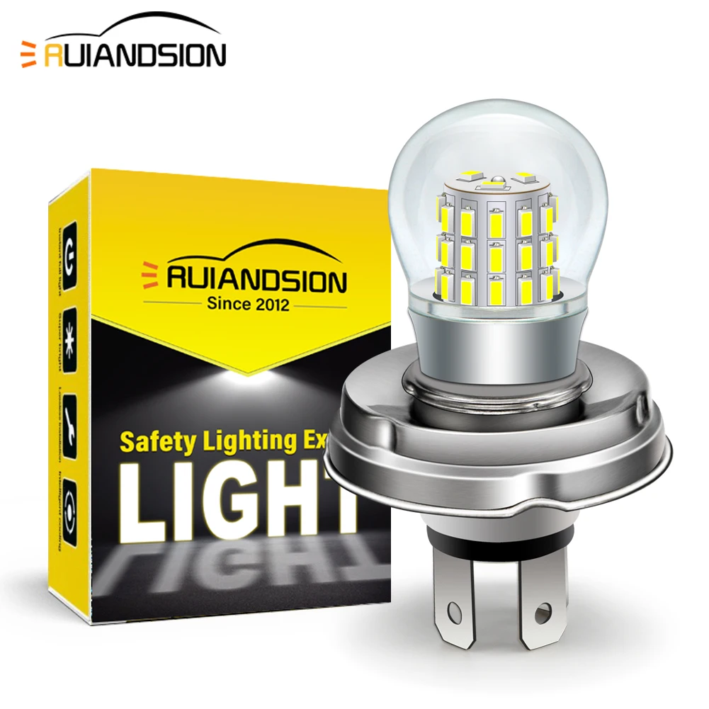 หลอดไฟหน้ารถมอเตอร์ไซค์ รถสามล้อ รถยนต์ รุ่น RUIANDSION 1 ชิ้น DC10V-30V รุ่น P45T R2 หลอดไฟ LED สีขาวอบอุ่น 12V 24V 1
