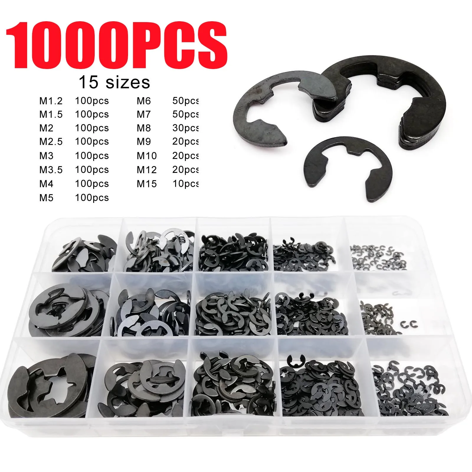 

580/1000pcs Washer M1.2 to M15 Black Carbon Steel External Retaining Ring E Clip Snap Circlip Washer for Shaft Assortment Kit