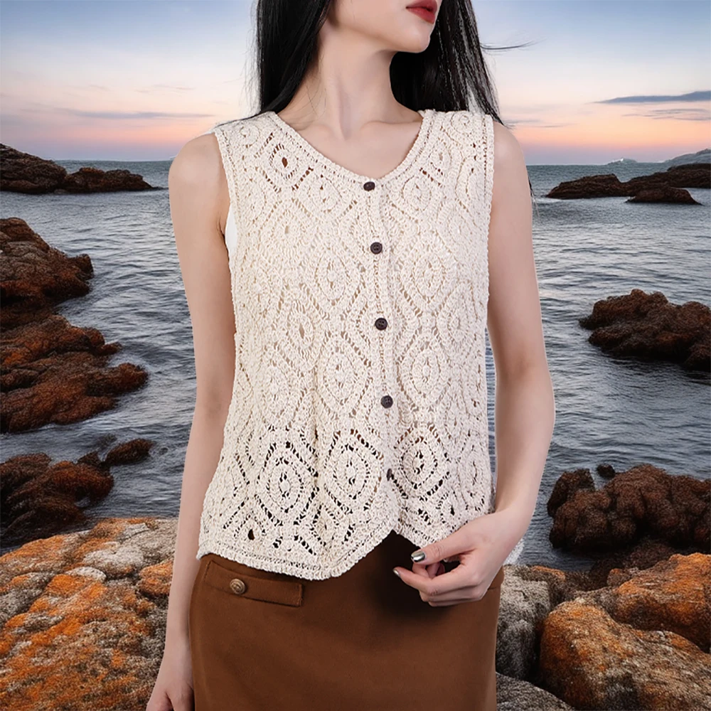 

Women Fashion Front Buttons Cropped Waistcoat Vintage V Neck Sleeveless Crochet hollow Tanks Female Outerwear Chic Tops