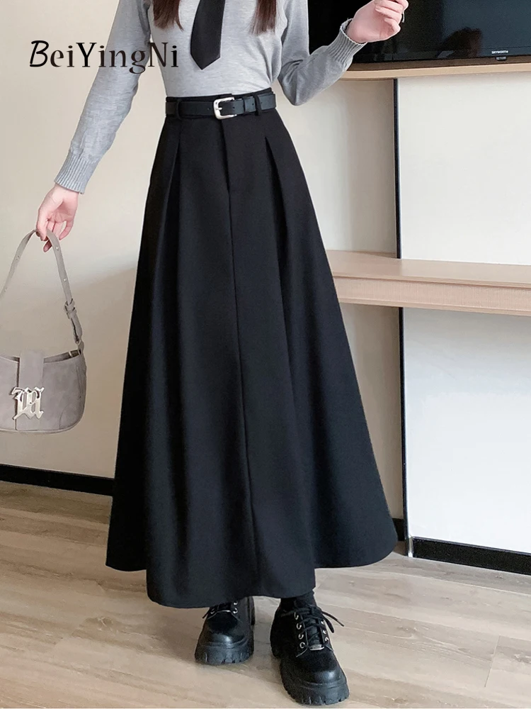 

Beiyingni Women's Long Pleated Skirt With Belt Elegant 2023 Autumn Winter Woolen Korean OL A-line Maxi Skirts Ladies New Fashion