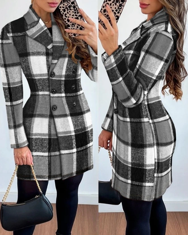 Autumn and Winter Women's Coat 2023 Plaid Pattern Notched Collar Long Sleeves Double Breasted Coat Fashion Elegant Office Coat men s jacquard towel cloth textured short sleeves t shirt and plaid pattern zip fly casual pants set white