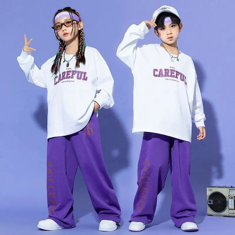 

Hip Hop Girls Pullovers Purple Joggers Boys Sweatshirt Street Dance Loose Pants Child Streetwear Kids Costumes Jazz Clothes Sets