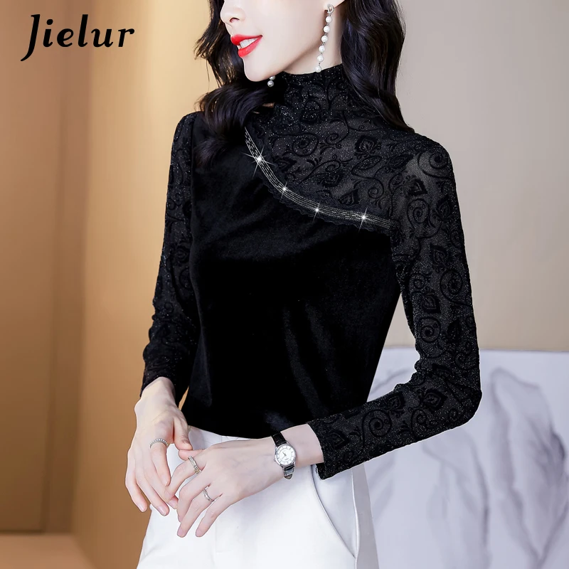 

Turtleneck Solid Color Thick Long Sleeve Lace Bottoming T-shirt Women New Style Chic Shiny Gauze Fashion Top Shirts S-XXL