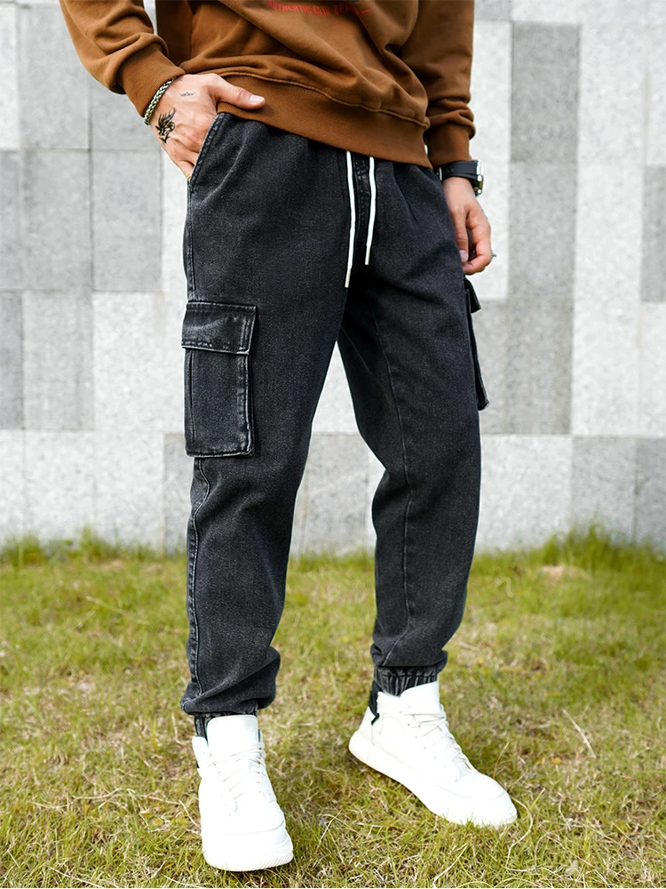 Men's dark gray cargo pants, fashionable street cuffed - bottom cargo pants, minimalist trendy men's jeans 5