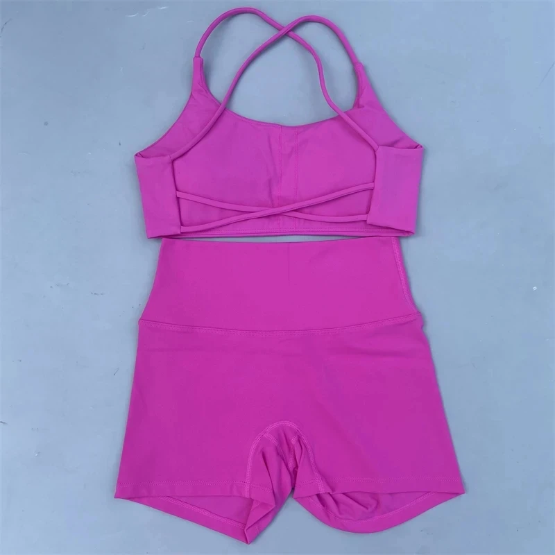 Solid Color Gym Bike Yoga Set Short Leg Cross Sport Bra Workout Outfit Athletic Women Gym Suit Comprehensive Training Tracksuit