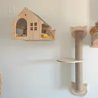 Wall-Mounted Wooden Cat Climbing Tree with Hammock & Scratching Post 3