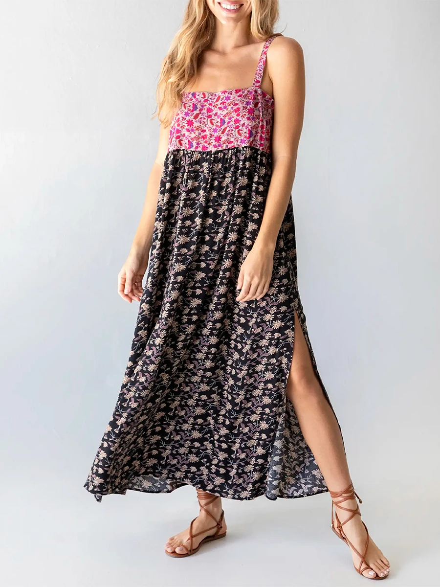 

New Fashion Womens Long Beach Dress Sleeveless Spaghetti Strap Floral Print Split Dress Midi Slip Dress Skin Friendly Hot Sale