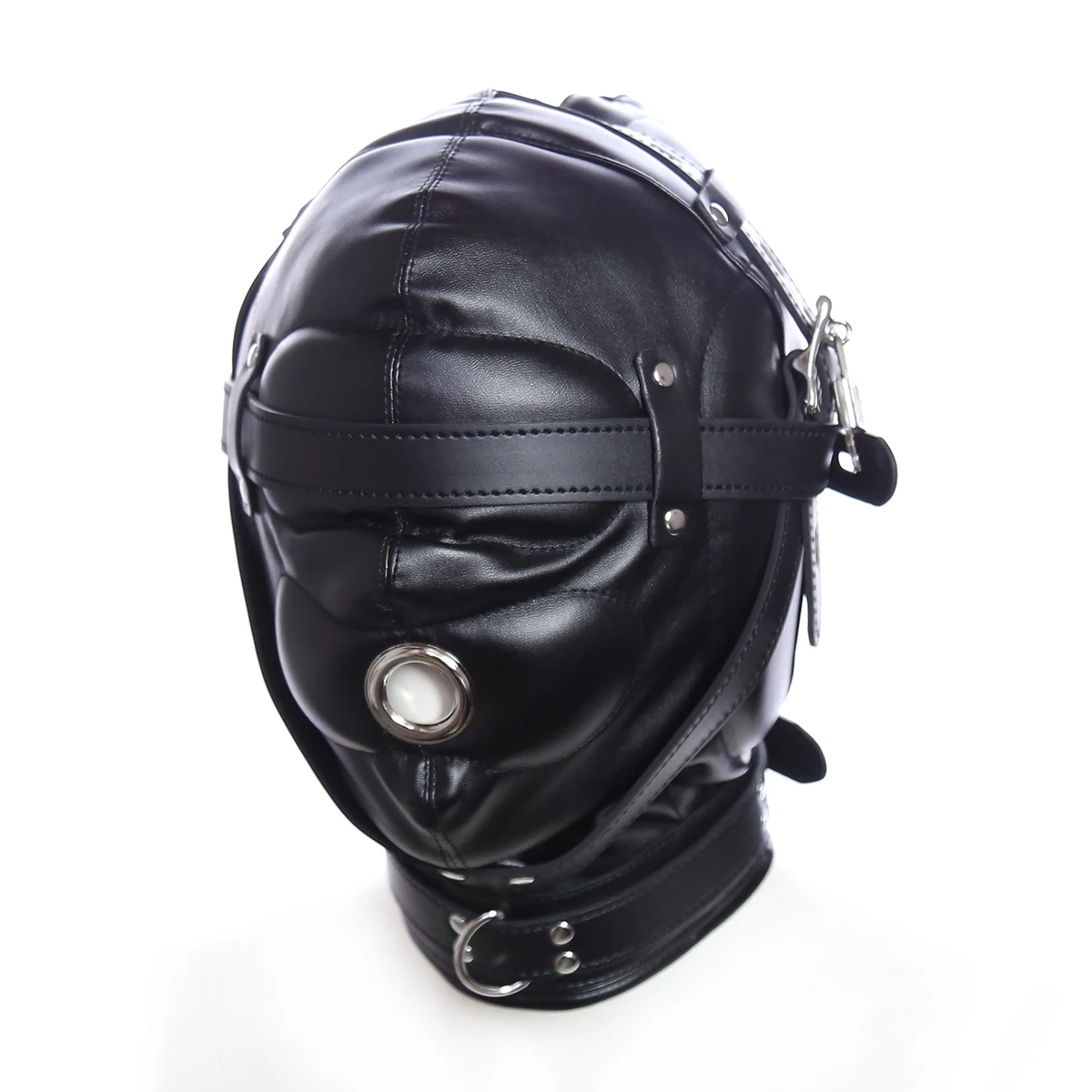 tenda Cappuccio Imbracatura per la testa con lucchetto Maschera Bocca aperta Deprivazione sensoriale BDSM Bondage Schiavo Sesso_voghion.com