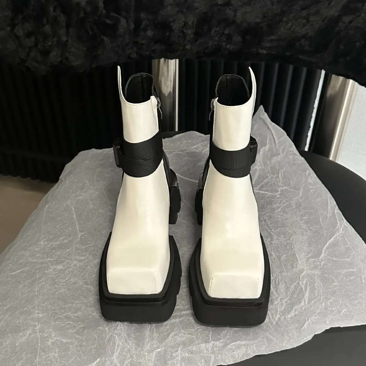 Genuine Leather Thick Heels High Heels Thick Soles Martin Boots Female Niche Design Square Toe Ins Work Clothes Short Boots