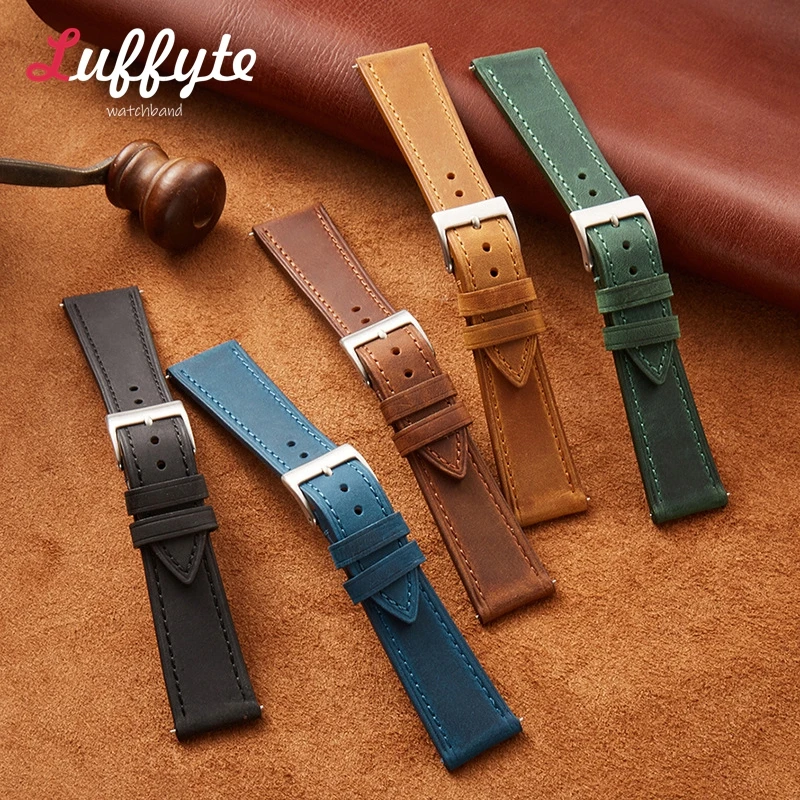 

Vintage Crazy Horse Leather Watchband 18mm 19mm 20mm 21mm 22mm Watch Strap Quick Release Brown Black Blue Green Watch Band