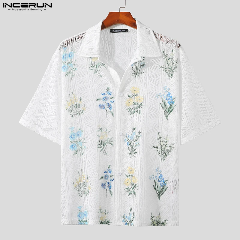 Men See Shirt INCERUN Men Shirt Mesh See Through Lapel Sexy Short Sleeve Lace Button Camisas Streetwear Party Nightclub Men Clothing 7