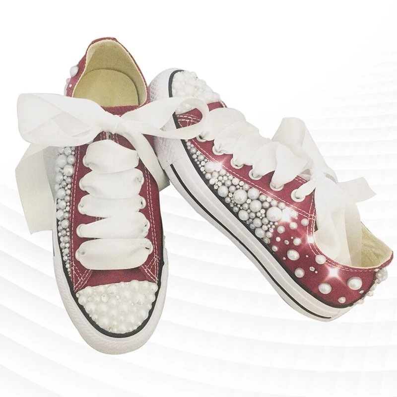 

Red spring and autumn handmade custom canvas shoes Pearl rhinestones lace lace-up casual shoes men and women plus size 35-46