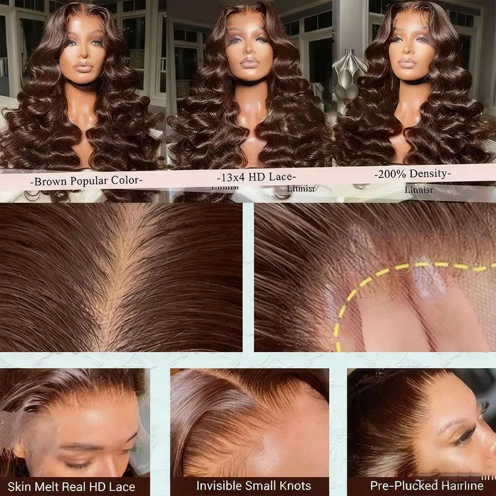 Deep Wave Chocolate Brown 13x4 Transparent Lace Frontal Wigs Human Hair 34 Inch 250% Density Loose Deep Curly Brown Colored Wig 4