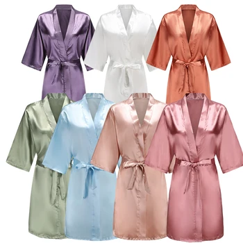Women's Pure Short Silky Robes Bridesmaid Bride Party Satin Robes Sleepwear 1