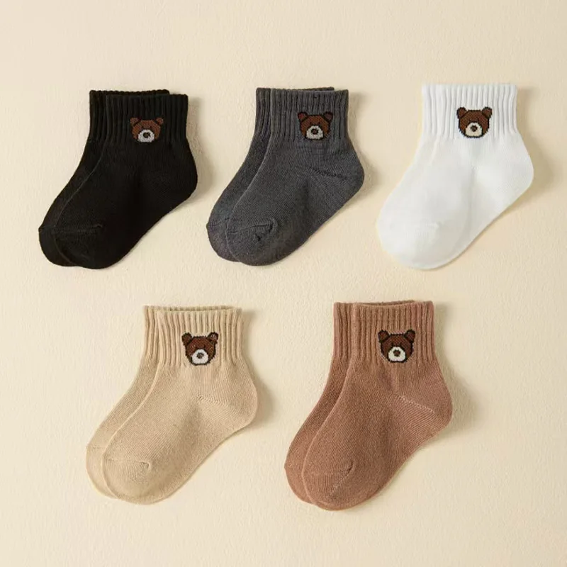 Kids Socks Cute Cartoon Bear Pattern Boys Girls Socks Comfortable for Toddler 5 Pairs