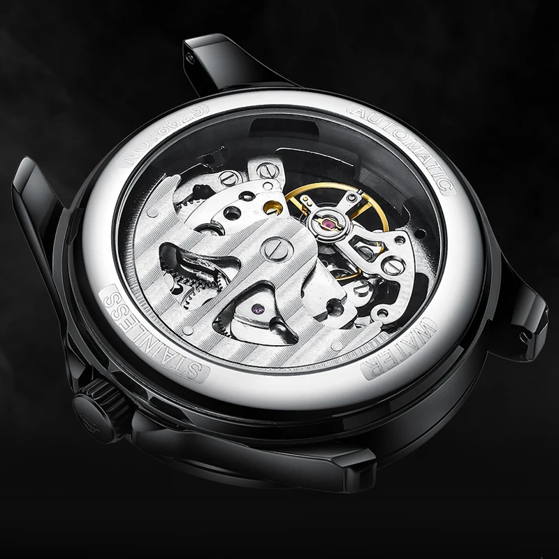 AILANG Fashion Men Automatic Mechanical Watch Skeleton Steampunk Mens Self Winding Wrist Watches Men Leather Band Reloj Relogio