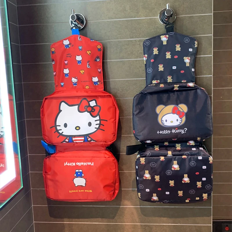 Kawaii Hello Kitty Sanrio Makeup Bag Anime Figure Wall Mount Wash Up Cosmetics Fold Storage Bag Handbag Travel Portable Gifts
