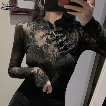Lace Shirts and Blouses for Women, See Through Blouse, Long Sleeve, Cheongsam Button Shirt, Vintage Black Sexy Tops Spring 11350