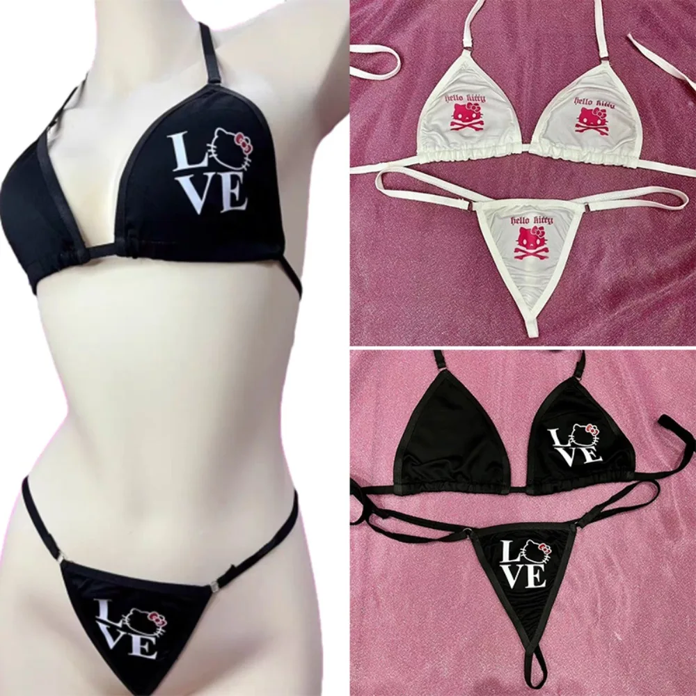 

Sexy Y2k Girls Hello Kitty Underwear Set Anime Kawaii Sanrios Ladies Adjustable Braless Pad Bra G-String Thong Panties Lingerie