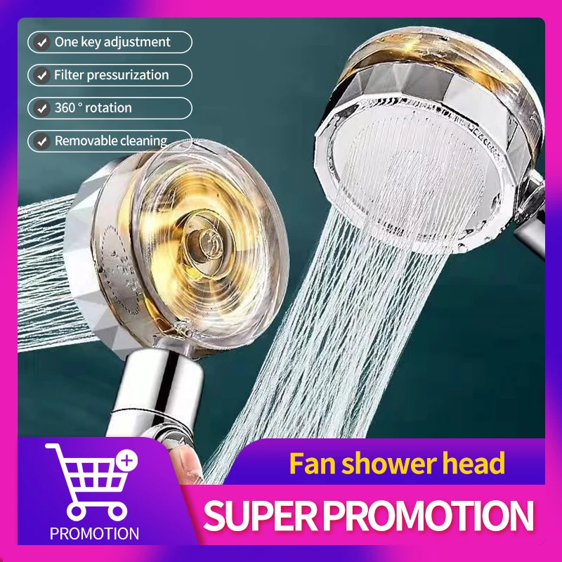 

Pressurized Shower Head Water Saving Flow 360 Rotating Twin Turbo Pressurized Propeller Fan Shower Head Bathroom Accessories