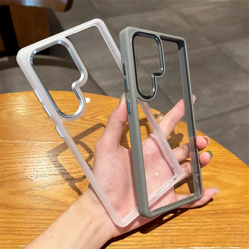 HD Transparent Acrylic Case with Metal Camera Ring and Silicone Bumper Armor, Shockproof Hard Cover