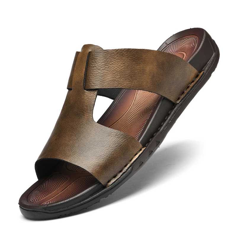 Soft Slippers Summer Slippers Anti Slip Sandals Men Shoes Mens Slip on Shoes Genuine Leather Slippers Summer Antiskid Beach Luxury Sandals Non-slip Men's Casual Sandal Soft Penny Shoes