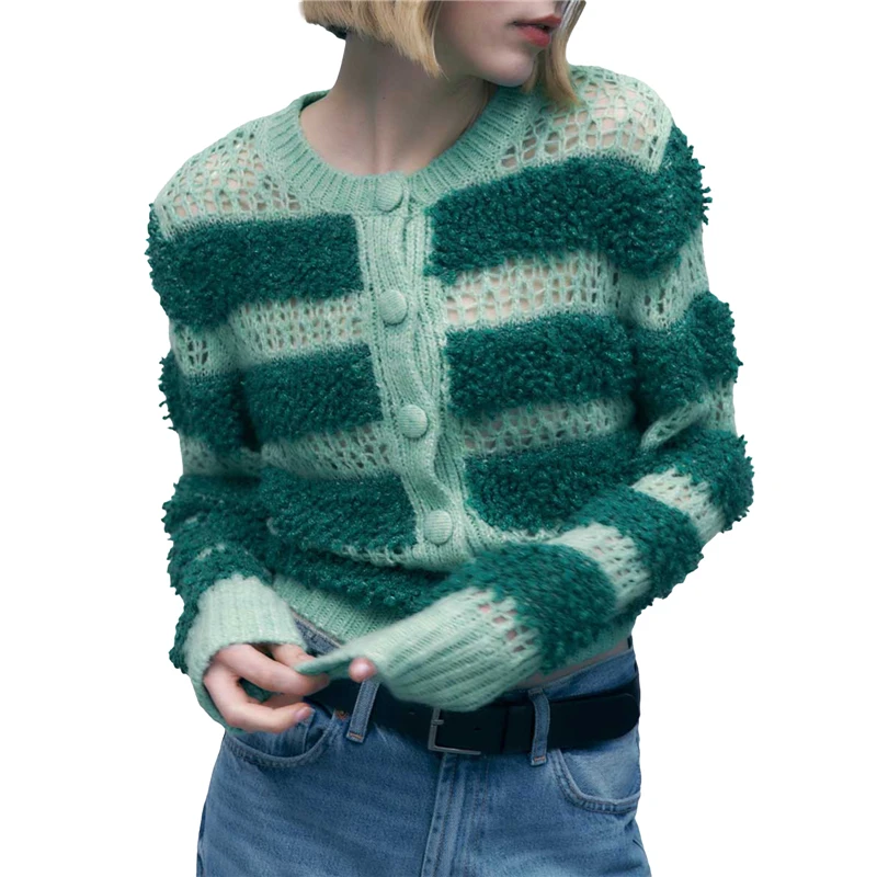 

Grunge Sweater Women Stripe Hollow Out Button Down Long Sleeve Tops Fairycore Knit Cardigan y2k Clothing Streetwear
