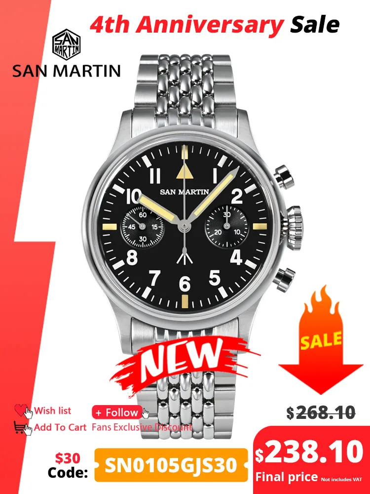 San Martin 38.5Mm Cronografo Da Uomo Pilot Watch Luxury St1901 Manuale Meccanico Semplice Militare Flieger Sapphire 10 Atm Luminoso