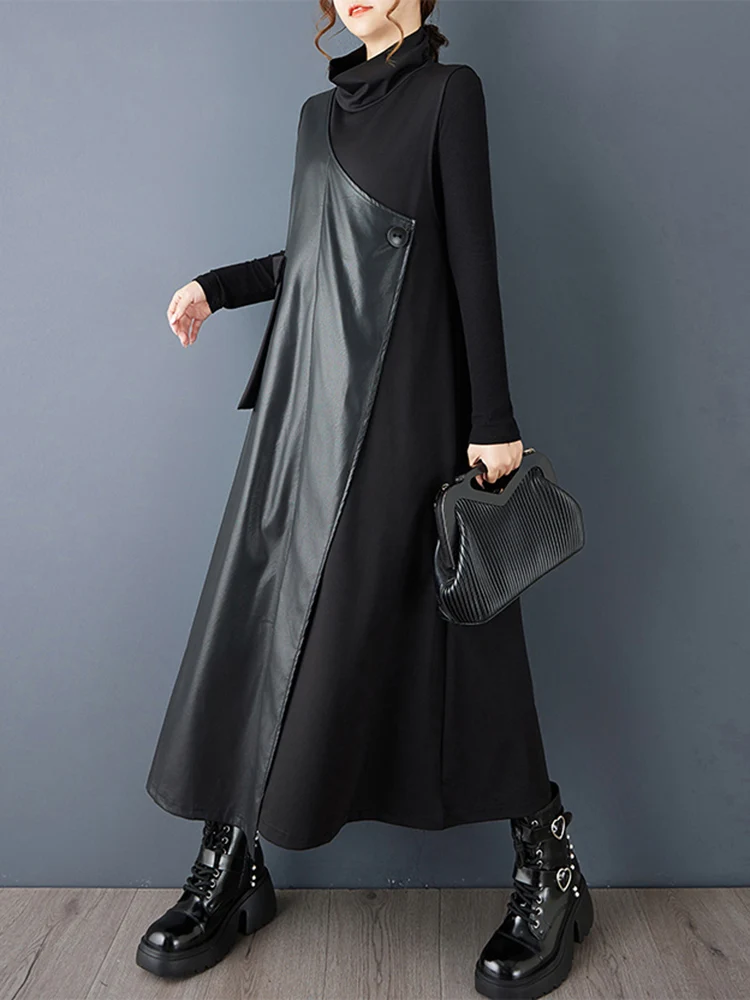 2025 Spring Autumn New Black Vintage Fashion Spliced PU Dresses For Women Turtleneck Sleeveless Loose Casual Midi Dress Clothing