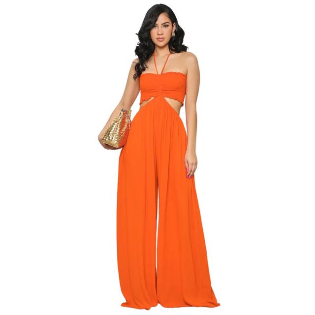 Sexy Women Jumpsuit New Arrival Summer Sleeveless Tube Top Halter Neck Hollow High Waist Straight Pants Solid Loose Trousers