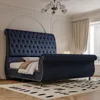 Queen Size Bed Frame, Velvet Upholstered Platform Sleigh Bed with Scroll Headboard & Footboard, Button Tufted 1