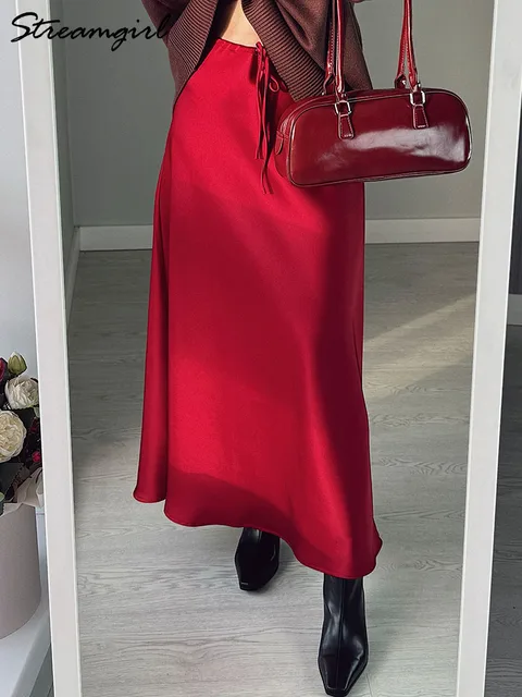 Long Satin Skirts Women Dark Green Luxury Spring Summer Maxi Straight Black Skirt Long Shining Satin Skirt Maxi Brown Ladies