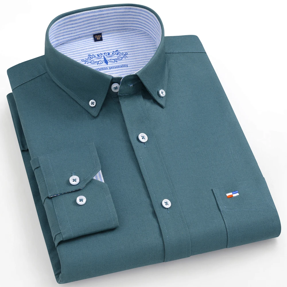 Erkek %100 Pamuk Nefes Alabilir Oxford Kumaş Elbise Gömlek, Ekose Çizgili Günlük Uzun Kollu, Yaka ve Göğüs Cepli Düğmeli