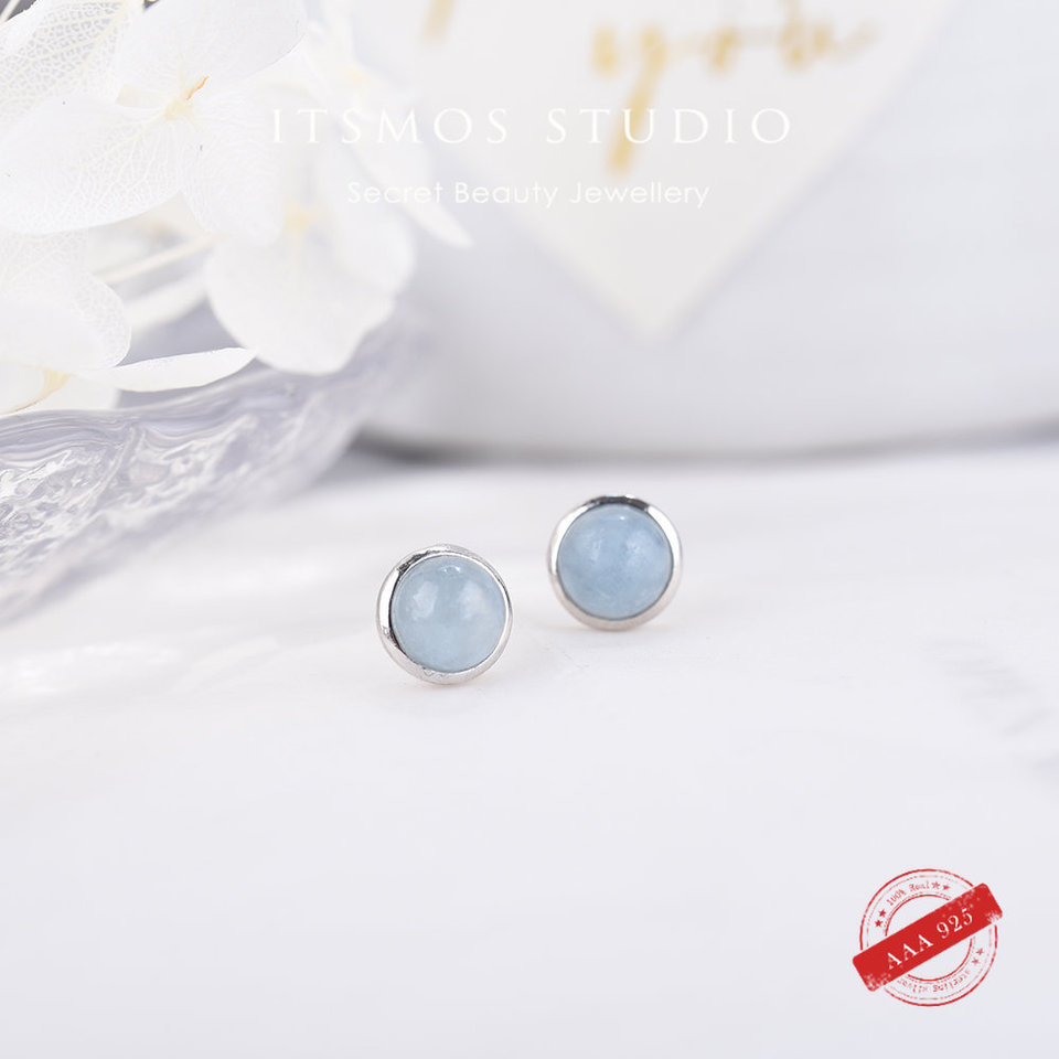 ITSMOS Aquamarine Round Earrings s925 Sterling Silver Natural Rose Quartz Gemstone Studs Blue Simple Jewelry Women Classic Gift