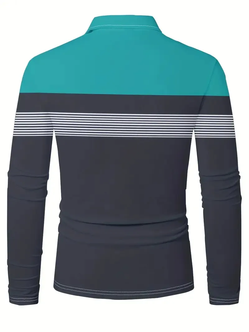 Men’s long sleeve 3D striped breathable casual streetwear polo shirt 6565