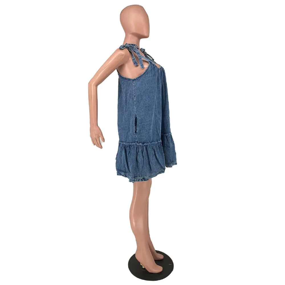 CMYAYA Denim Strap Dresses for Women Summer 2022 Sleeveless Fashion Solid Ruffles Bud Mini Dress Loose Casual Street Beach
