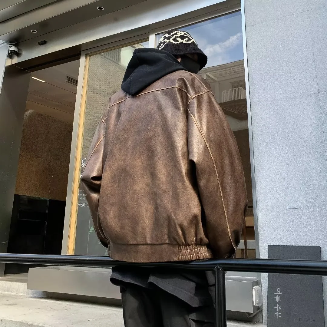 아메리칸 스타일 빈티지 고민 된 갈색 Pu 가죽 자켓 남성 여성을위한 오토바이 사무 조끼 패션 트렌드 봄 가을에 맞게