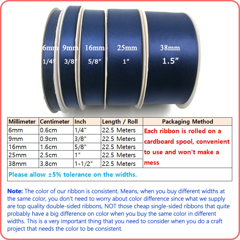 22.5Meters 6/9/16/25/38mm Double Sided SATIN RIBBON Polyester Double Face Silky for Eternal Rose