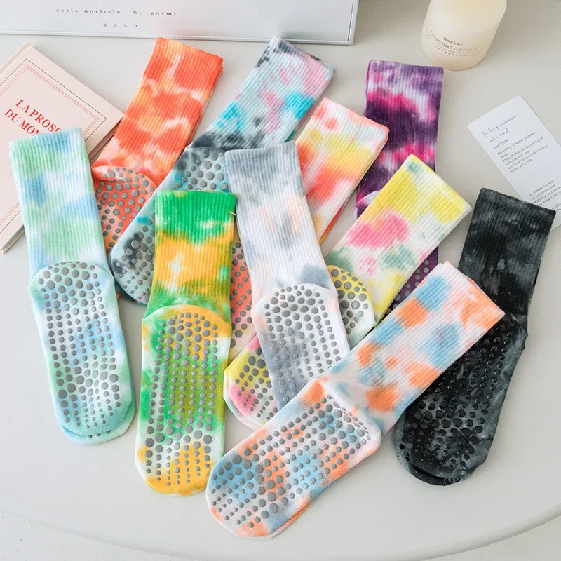 Fashion Tie-dye Cotton Breathable Non-slip Mid-calf Yoga Pilates Socks Indoor Dance Fitness Training Sports Socks Floor