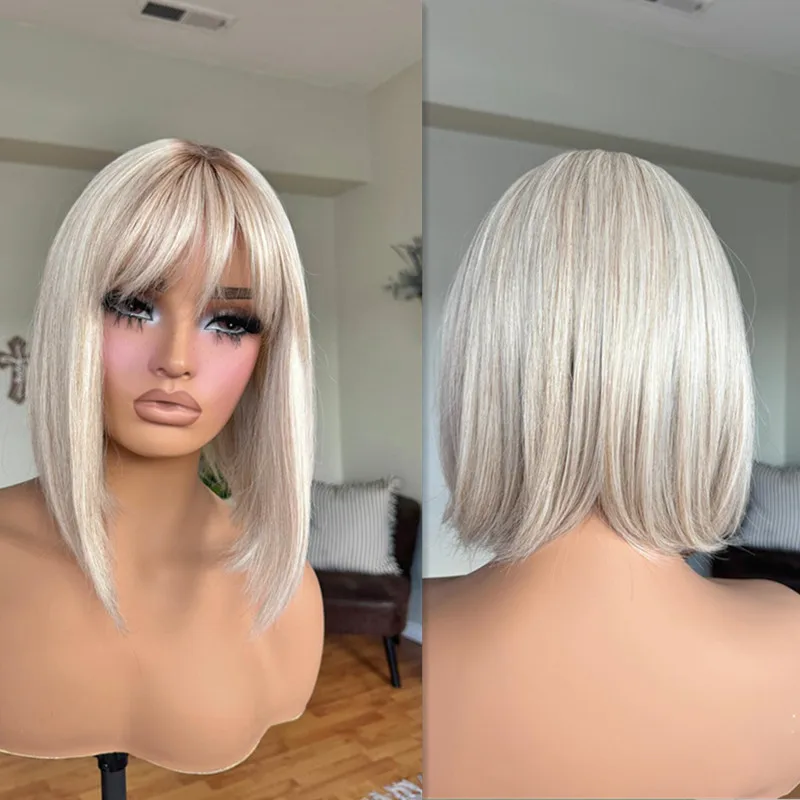 Synthetic Human Hair Wig Futura Short Bob Wig Ombre Blonde Highlights Ash Colored Lace Frontal Wig synthetic Mixed with 5% Human Hair Short Women