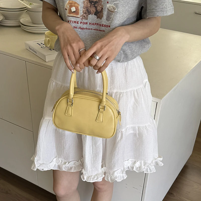 Silver Small Square Bag PU Handheld Crossbody Bag Bowling Bag Fashion Casual Women's Boston Commuter Bag