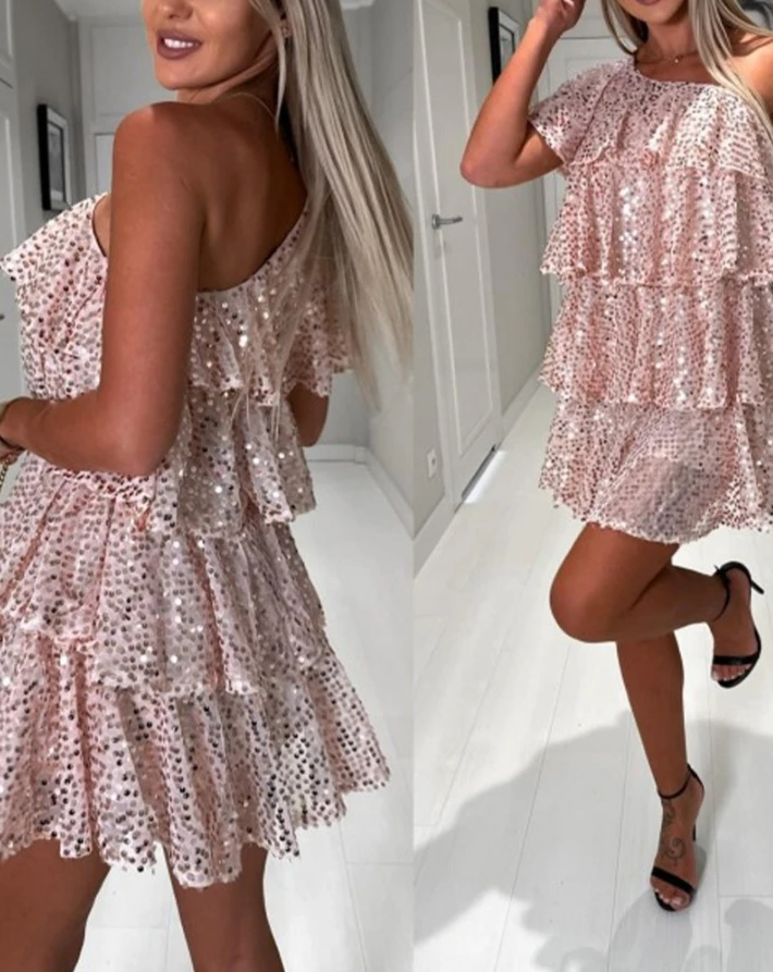 

Fresh and Sweet 2024 Early Spring Summer Dress New Fashion Allover Sequin Ruffles Decoration One Shoulder Elegant Party Dress