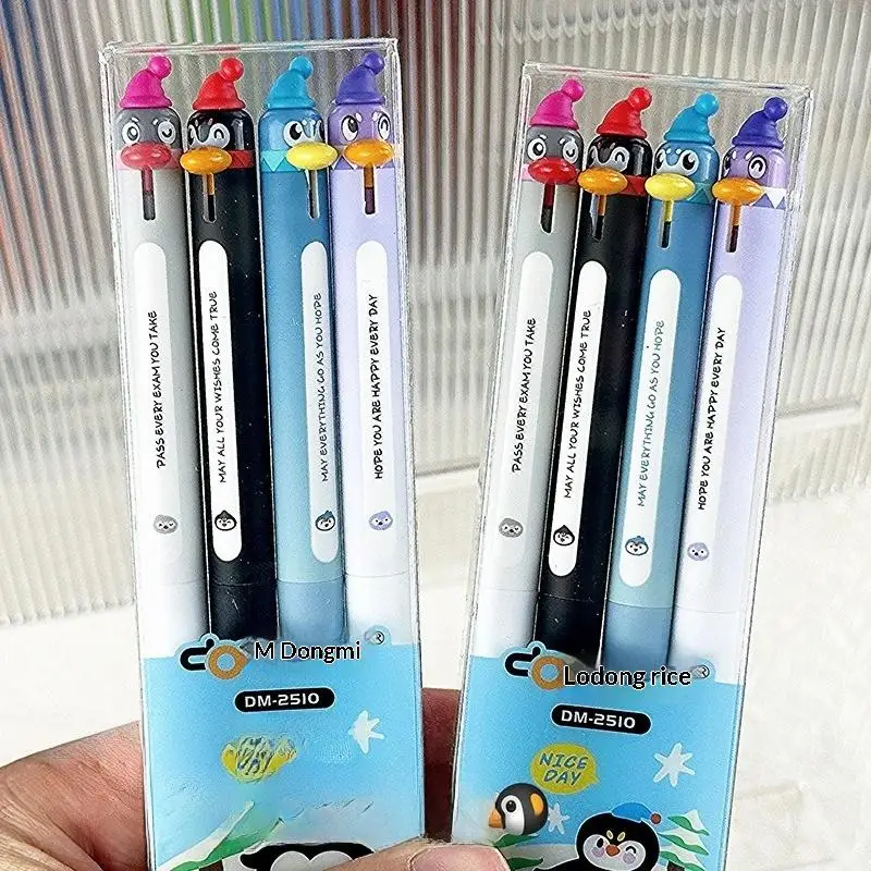 새로운 4Pcs 0.5mm 블랙 파인 포인트 개폐식 빠른 건조 부드러운 쓰기 펜 크리 에이 티브 펭귄 디자인 젤 펜 편지지