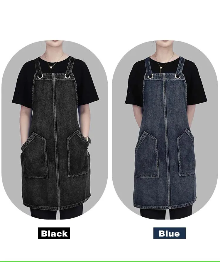 Heißes Waschwasser schwarz blau Denim Schürze Restaurant Cafe Friseur Bäckerei gebacken Männer und Frauen Arbeits kleidung Taille verstellbare Schürze – Detail 6