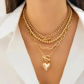 Punk Gold Cor Coração Colar de Pingentes para Mulheres, Fivela OT, Corrente de Pescoço Frisada, Gargantilha Y2K Trendy, Acessórios Jóias, 4 peças por conjunto, 2024 1