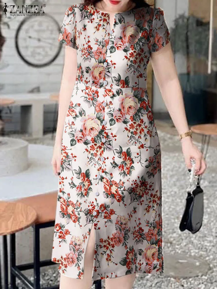 

ZANZEA Casual Short Sleeve Midi Dress Women Summer Sundress Elegant Slit Fornt Chic Dresses 2024 Summer Floral Print Beach Robes